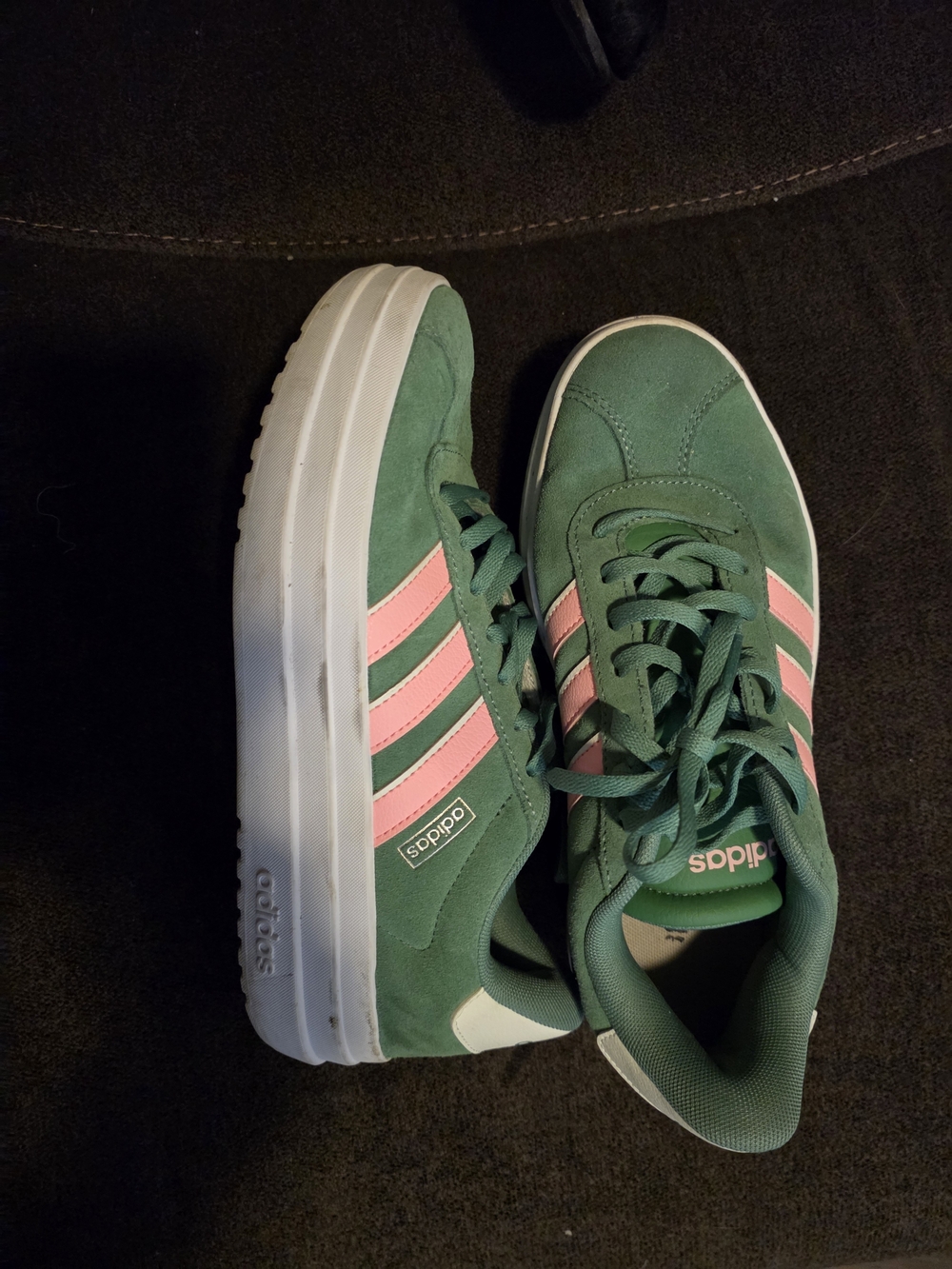 adidas Women’s Green Suede Sneakers with Pink Stripes and White Platform Sole